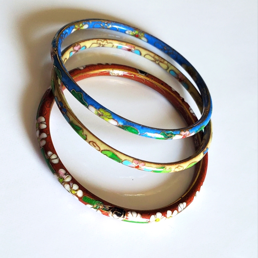 Vtg. 3pcs. Cloisonńe Floral Enamel Bangles